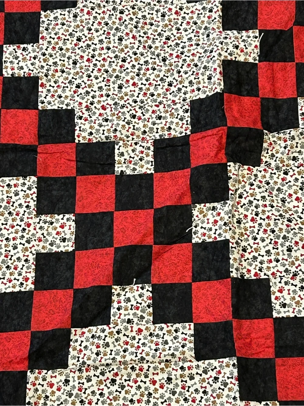 Handmade Red & Black Checkered Pieced Quilt - Floral Background